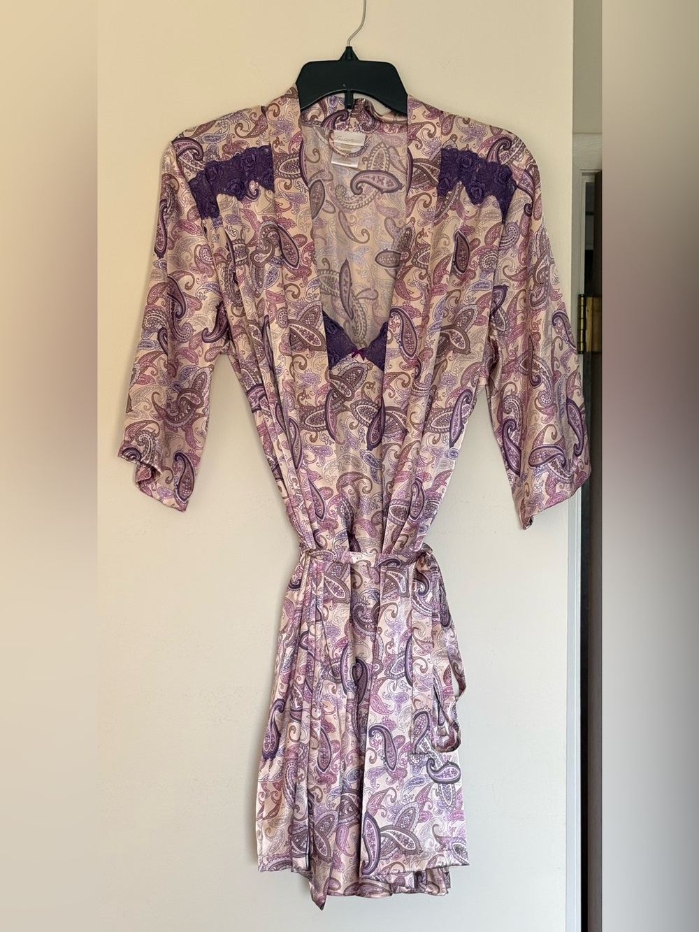 Vintage Secret Treasures Satin Paisley Robe & Slip Set Purple Lace Y2K Size L